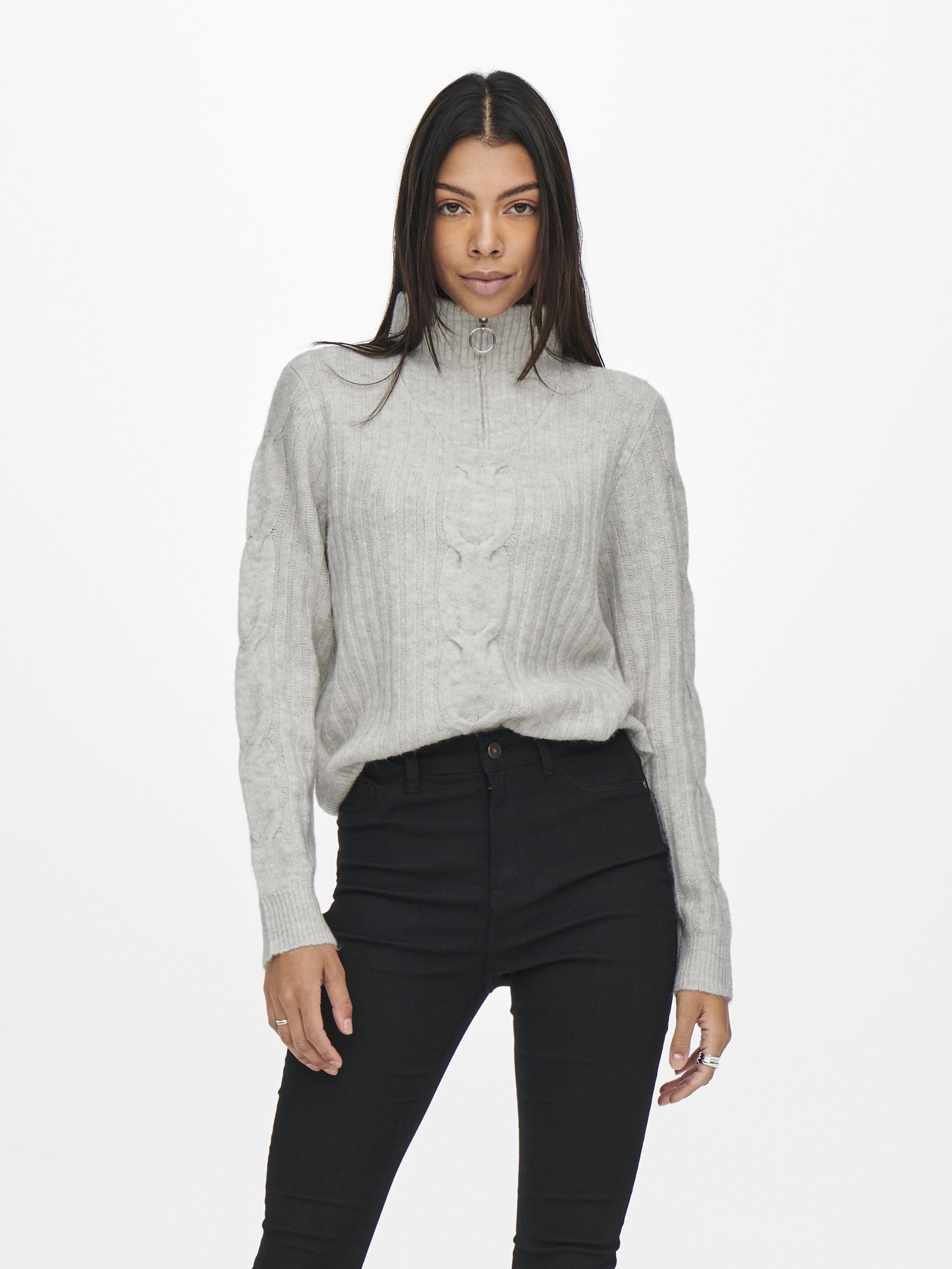 JDYANDREA L/S ZIP CABLE PULLOVE KNT, Super Light Grey Melange #3