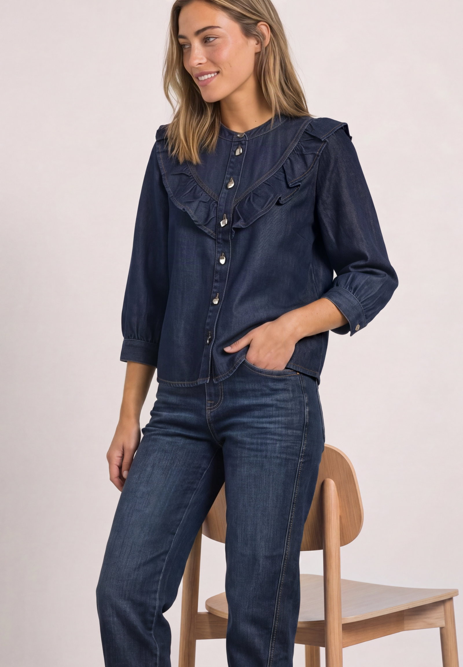 Style Denim,Blouse,rinse wash, Dark Blue Soft Washed #6