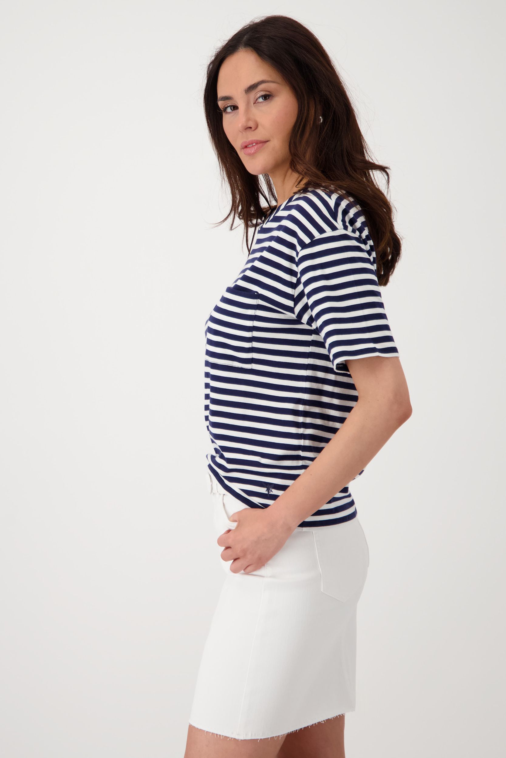 Monari |  T-Shirt, navy blue ringel | 44